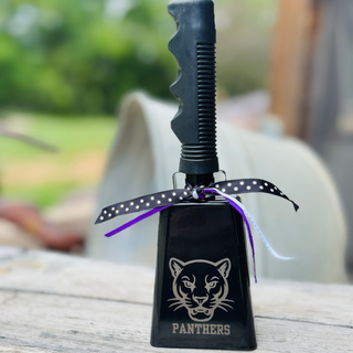 Royal Valley Panthers laser engraved black mascot cowbell with purple and white ribbon accents