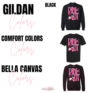 Royal Valley Panthers Pink Out Mascot Top shown in black on Gildan, Comfort Colors, and Bella Canvas blanks