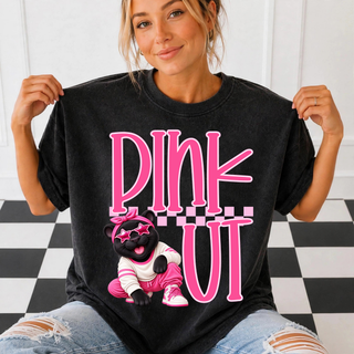 Royal Valley Panthers Pink Out Mascot Top - black tee with Pink Out bubble lettering, checkered stripe, and cartoon panther mascot in star sunglasses and pink tracksuit
