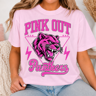 Model wearing a pink Royal Valley Panthers Pink Out top with a panther head graphic and Panthers script