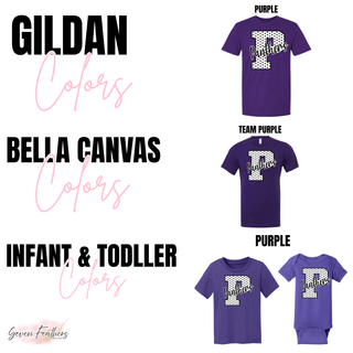 Gildan purple tee, Bella Canvas team purple tee, and infant and toddler purple tee and bodysuit color chart with the Royal Valley Panthers polka dot letter P design