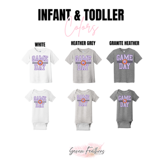 Infant and toddler color chart for the Royal Valley Panthers Polka Dots Game Day Basketball Top, showing White, Heather Grey, and Granite Heather