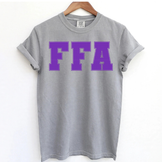 Grey Ag top with Royal Valley purple polka dot block letters