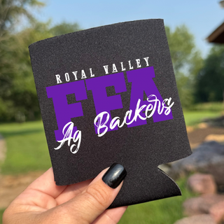 Royal Valley Script Ag Backers can cooler in purple, white, and black