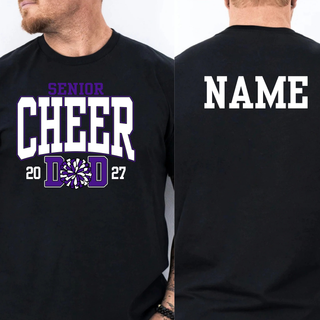 Royal Valley Senior Cheer Dad top in Black, front and back view with personalizable name