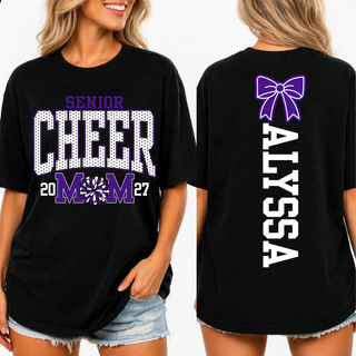 Royal Valley Senior Cheer Mom Top in Black, front Senior Cheer Mom 2027 design and back personalized name with bow