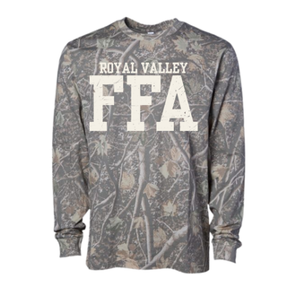 Royal Valley varsity letter all-over camo long sleeve top with white chest artwork