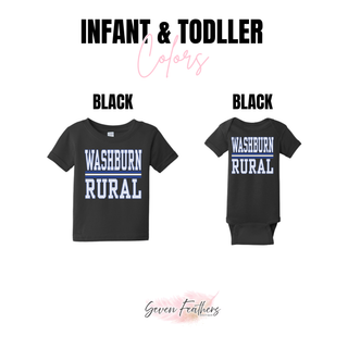Black infant bodysuit and toddler tee options with the Rural stacked petite polka dot design