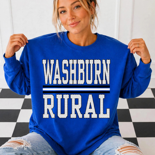 Model wearing a royal-blue Rural stacked petite polka dot top