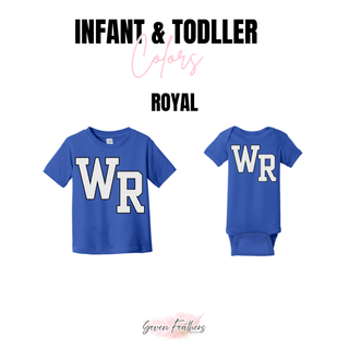 Infant bodysuit and toddler tee options with the Rural WR black petite polka dot design