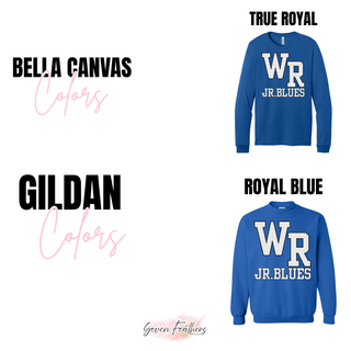 Long sleeve and crewneck options with the Rural WR black petite polka dot varsity design