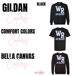 Tee, long sleeve, and crewneck options with the Rural WR blue petite polka dot varsity design