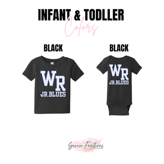 Infant bodysuit and toddler tee options with the Rural WR blue petite polka dot varsity design