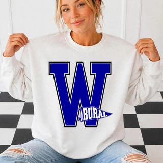 Rural WR Logo Top on white crewneck with W letter and Rural pennant flag design