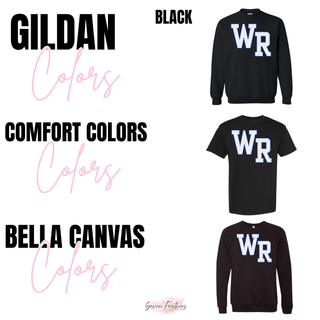 Black tee, long sleeve, and crewneck options with the Rural WR petite polka dot design