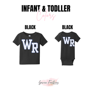 Black infant bodysuit and toddler tee options with the Rural WR petite polka dot design