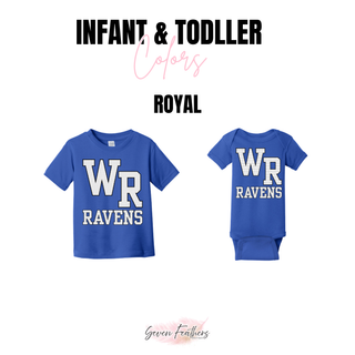 Infant bodysuit and toddler tee options with the Rural WR Ravens black petite polka dot design