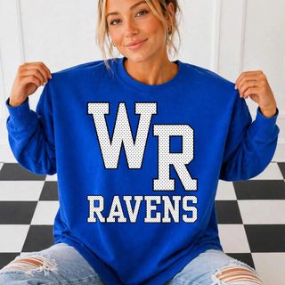 Model wearing the Rural WR Ravens top with black petite polka dots