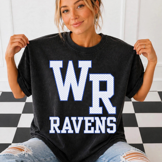 Model wearing the Rural WR Ravens top with blue petite polka dots