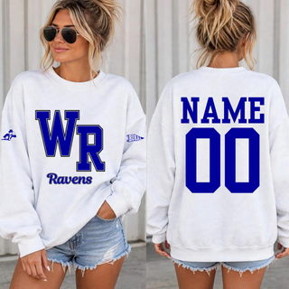 Rural WR Ravens personalized front and back top on white crewneck with mascot and Rural pennant sleeve icons and back name and number