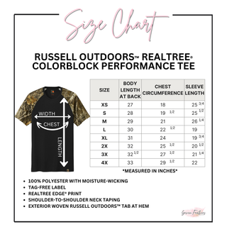 Russell Outdoors Realtree colorblock performance tee size chart with body length, chest circumference, and sleeve length