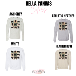 Bella Canvas color chart showing patchwork cattle design on ash grey athletic heather white and heather dust long sleeve and sweatshirts