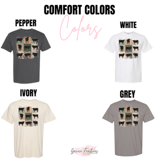 Comfort Colors color chart showing patchwork cattle design on pepper white ivory and grey tees