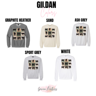 Gildan color chart showing patchwork cattle collage on graphite heather sand ash grey sport grey and white crewneck sweatshirts