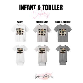 Infant and toddler color chart showing rustic patchwork cattle design on white heather grey and granite heather onesies and tees