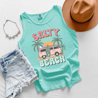 Chalky mint tank laid flat with SALTY BEACH retro groovy lettering pink van surfboard and palm tree graphic
