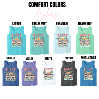 Comfort Colors salty beach tank in lagoon, chalky mint, chambray, island reef, flo blue, violet, white, pepper, royal caribe

