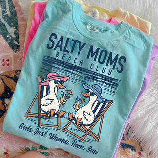Chalky mint Comfort Colors top with beach ducks drinking cocktails salty moms graphic folded stack