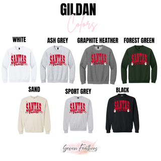 Gildan color chart showing the Santa's Favorite design on crewneck sweatshirts in White, Ash Grey, Graphite Heather, Forest Green, Sand, Sport Grey, and Black