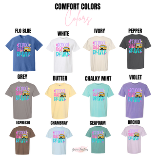 School Bus Driver graphic tee color options in flo blue, white, ivory, pepper, grey, butter, chalky mint, violet, espresso, chambray, seafoam, and orchid
