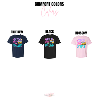 School Bus Driver graphic tee color options in true navy, black, and blossom

