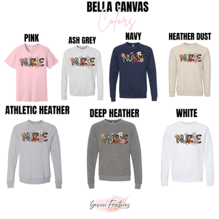 Bella Canvas Scrubs and Cheetah NURSE top in pink, ash grey, navy, heather dust, athletic heather, deep heather, white
