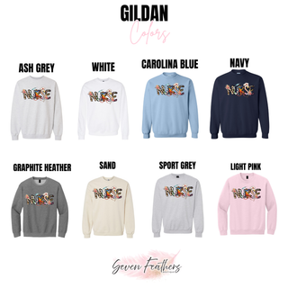 Gildan Scrubs and Cheetah NURSE in ash grey, white, carolina blue, navy, graphite heather, sand, sport grey, light pink
