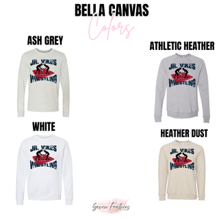 Bella Canvas color chart showing Ash Grey, Athletic Heather, White and Heather Dust with the Jr. Vikes Wrestling design