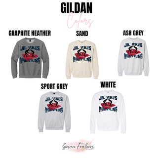 Gildan color chart showing Graphite Heather, Sand, Ash Grey, Sport Grey and White sweatshirts with the Jr. Vikes Wrestling design
