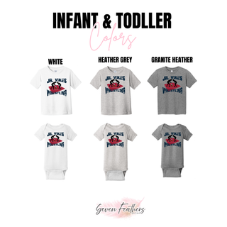 Infant and toddler color chart showing White, Heather Grey and Granite Heather tees and bodysuits with the Jr. Vikes Wrestling design