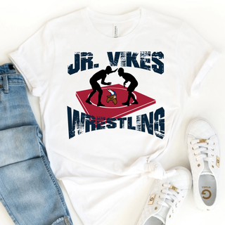 White Bella Canvas tee flat lay with the Jr. Vikes Wrestling design of two wrestler silhouettes on a red mat and a Viking head logo