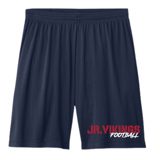 Seaman Jr. Vikings Football cooling performance short in navy with red stencil Jr. Vikings and white distressed Football logo on leg