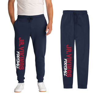 Seaman Jr. Vikings Football core fleece jogger in navy with red stencil Jr. Vikings and white Football script down leg - youth and adult joggers