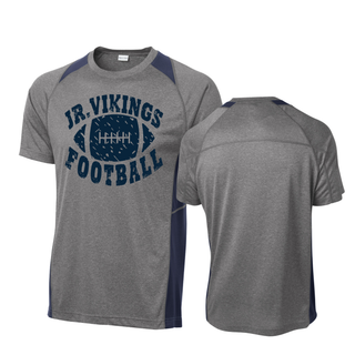 Seaman Jr Vikings Football Distressed Rumble Top Colorblock Contender Tee in vintage heather with navy front and back view