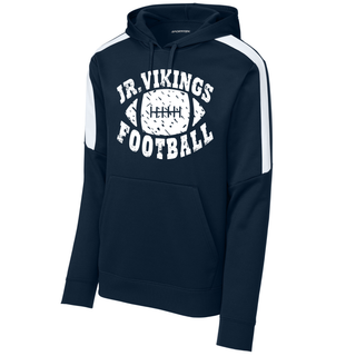 Seaman Jr Vikings Football Distressed Rumble Top Fan Favorite Hoodie in navy with white shoulder stripes