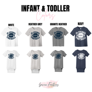 Seaman Jr Vikings Football Distressed Rumble Top infant onesies in white, heather grey, and navy