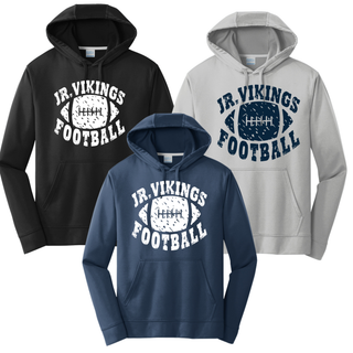 Seaman Jr Vikings Football Distressed Rumble Top performance hoodies in black, navy, and silver