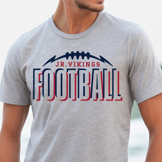 Seaman Jr. Vikings Football Echo top in heather grey with navy and red shadow lettering design
