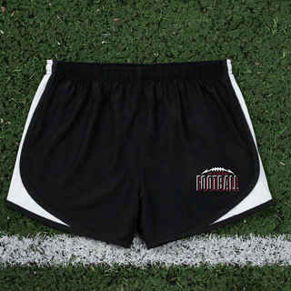 Black Seaman Jr. Vikings Football Echo Women's Cadence performance short flat lay with a football icon and layered echo-style Jr. Vikings Football lettering on the left leg