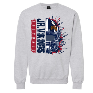 Grey Seaman Jr. Vikings football helmet splatter crewneck sweatshirt flat lay
